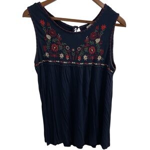 Studio West Floral Embroidered Navy Top with flowers size Large